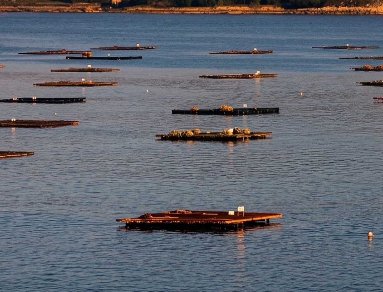 Mussel farming ropes in water