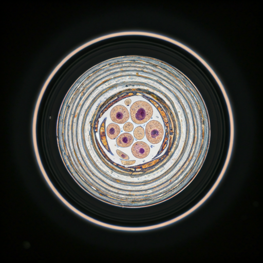 Close up of biological cell structure under microscope lighting